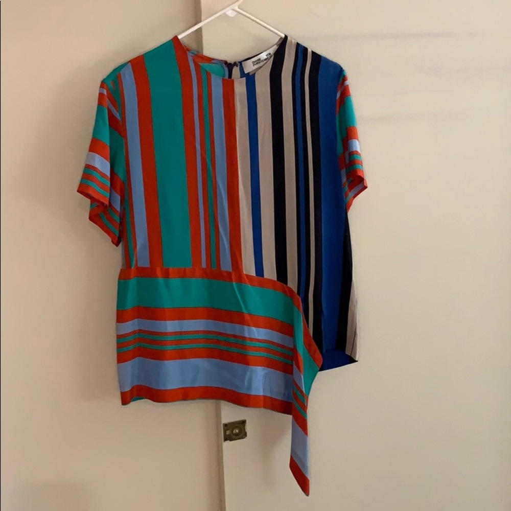 Diane Von Furstenberg Silk Asymetrical Striped Top